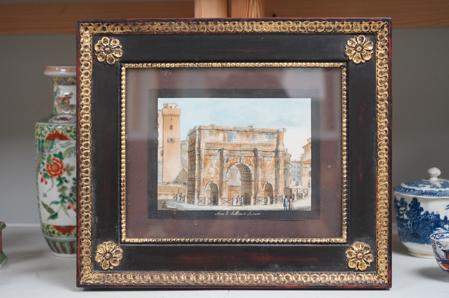 A set of five 18th / 19th century hand coloured engravings, Views of Rome, to include ‘Ponte S. Angelo’ and ‘Coloseo’, 15 x 18.5cm, each housed in ebonised gilt frames